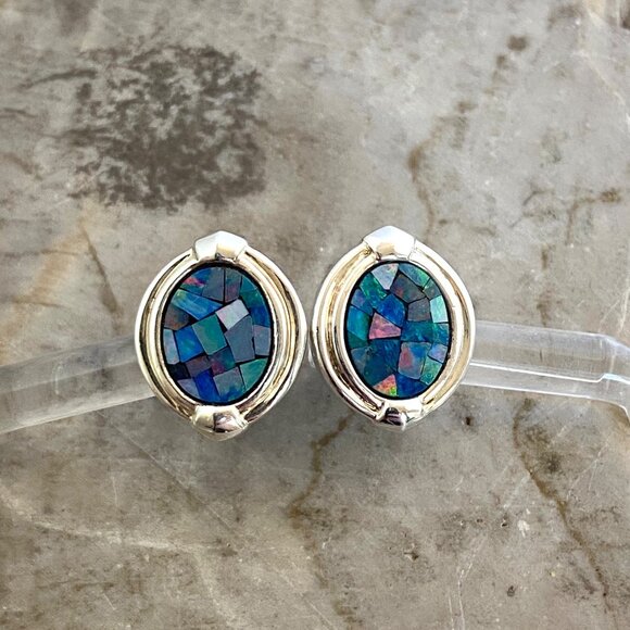 Sterling Silver 925 Michelle Albala Mosaic Blue Opal Inlay Oval Stud Earrings - Picture 2 of 16